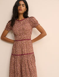 Burgundy Floral Tiered Dara Midi Dress