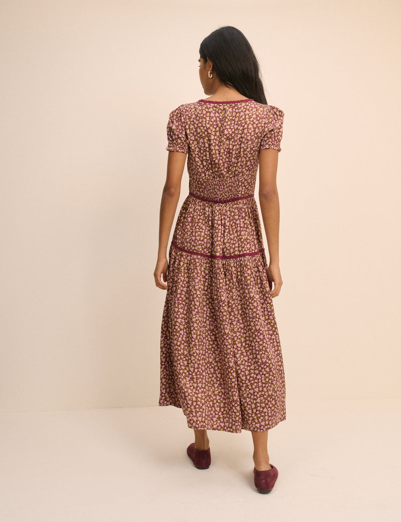 Burgundy Floral Tiered Dara Midi Dress