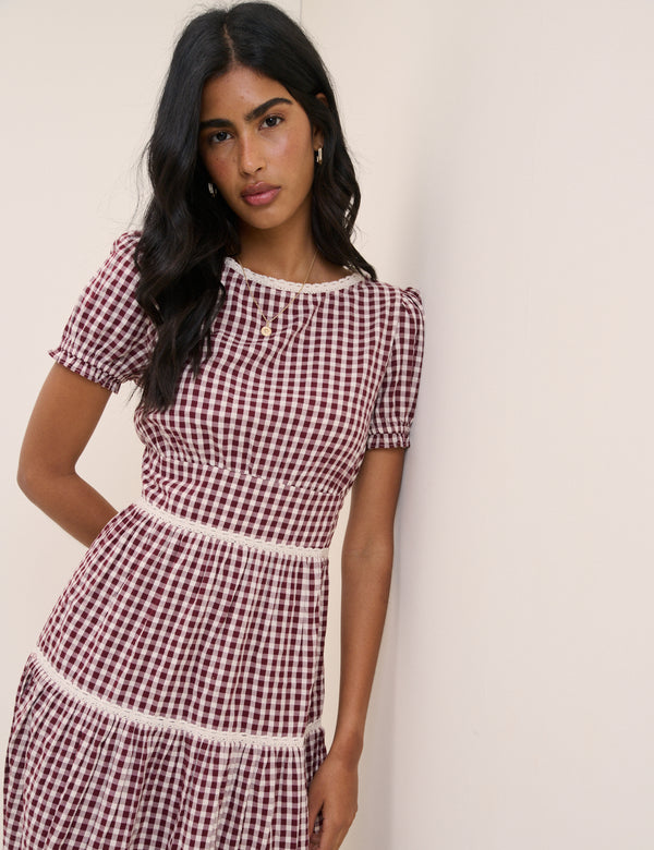 Burgundy Floral Lace Trim Dara Midi Dress