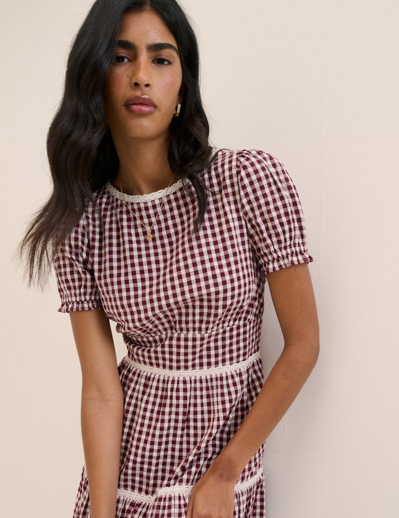 burgundy gingham dress Burgundy Gingham Lace Trim Dara Midi Dress