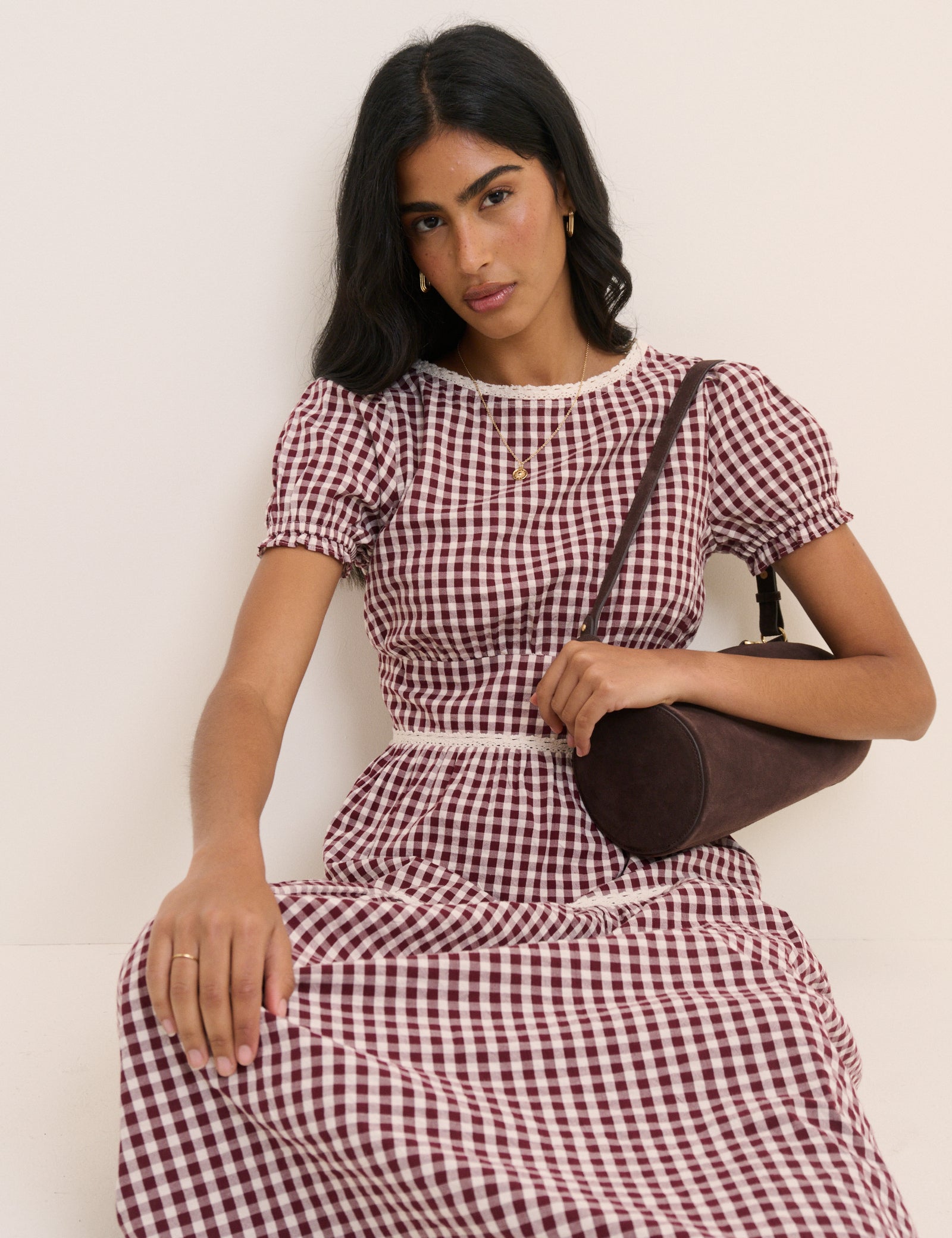 Burgundy Floral Lace Trim Dara Midi Dress