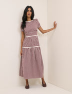 Burgundy Gingham Lace Trim Dara Midi Dress