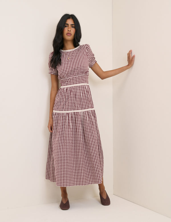 Burgundy Floral Lace Trim Dara Midi Dress