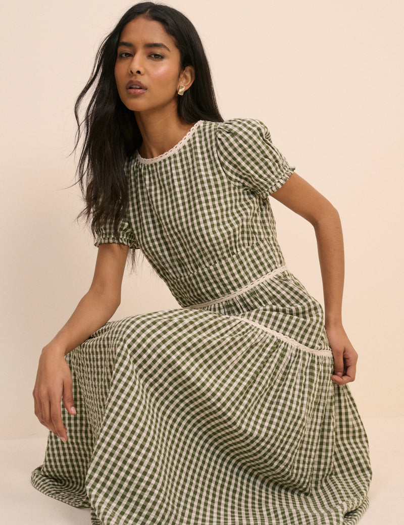 Green Gingham Lace Trim Dara Midi Dress