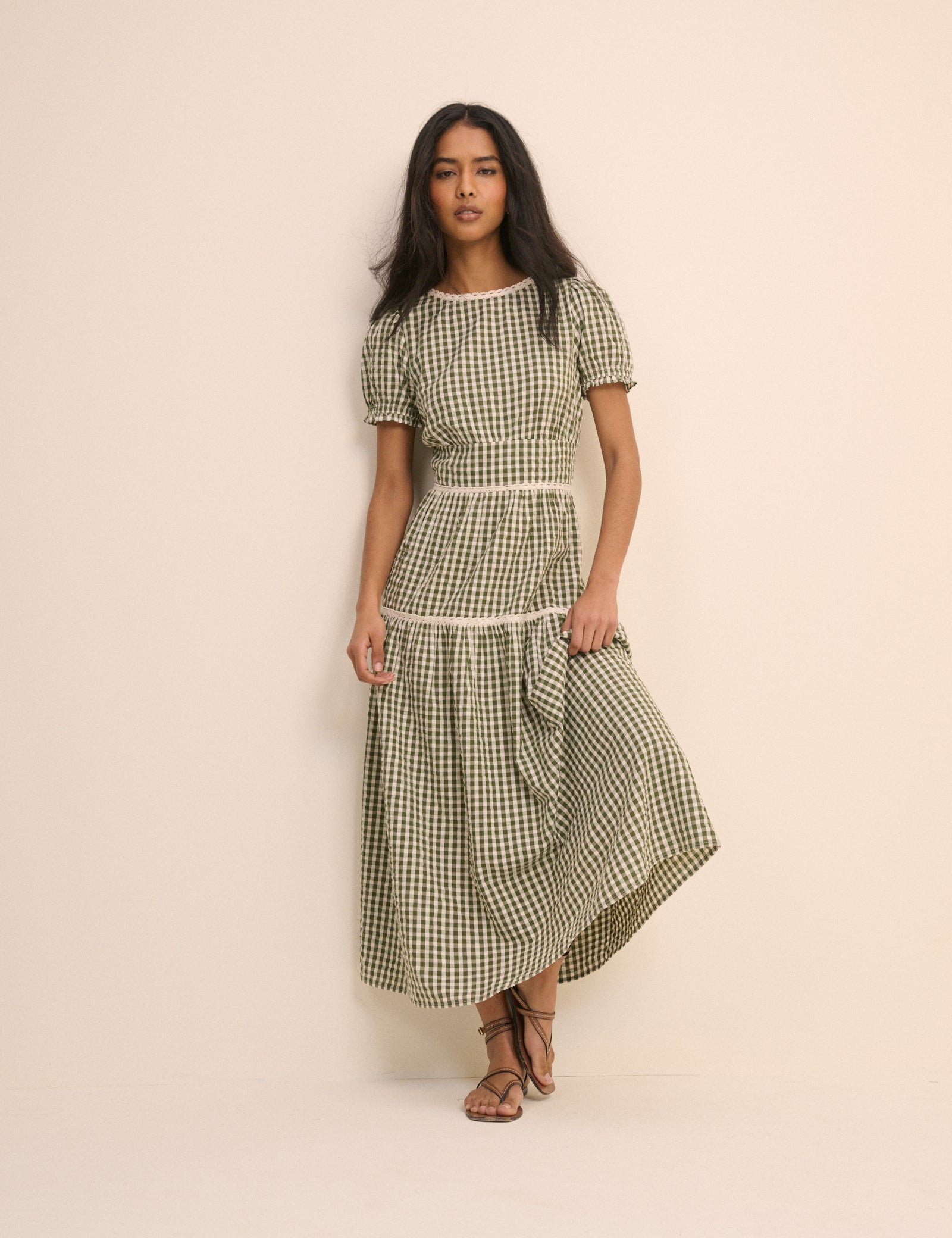 club monaco dresses Green Gingham Lace Trim Dara Midi Dress