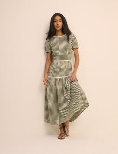 Green Gingham Lace Trim Dara Midi Dress