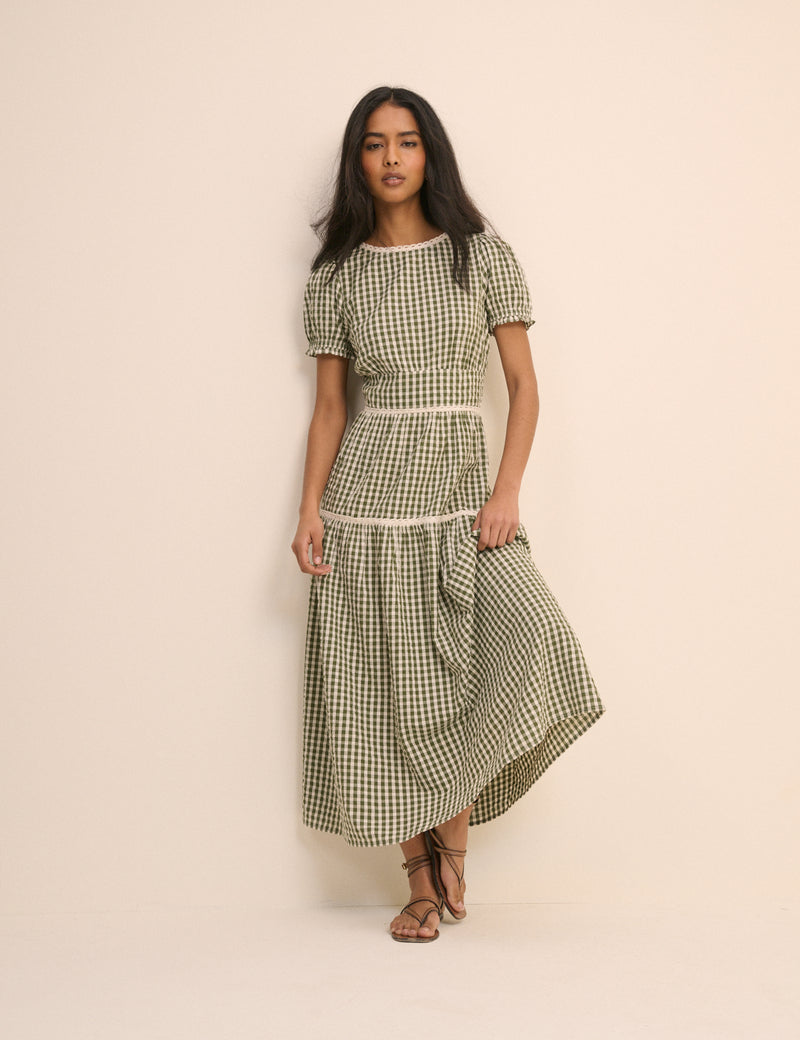 Green Gingham Lace Trim Dara Midi Dress
