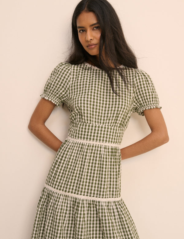 Green Gingham Lace Trim Dara Midi Dress