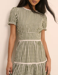 Green Gingham Lace Trim Dara Midi Dress