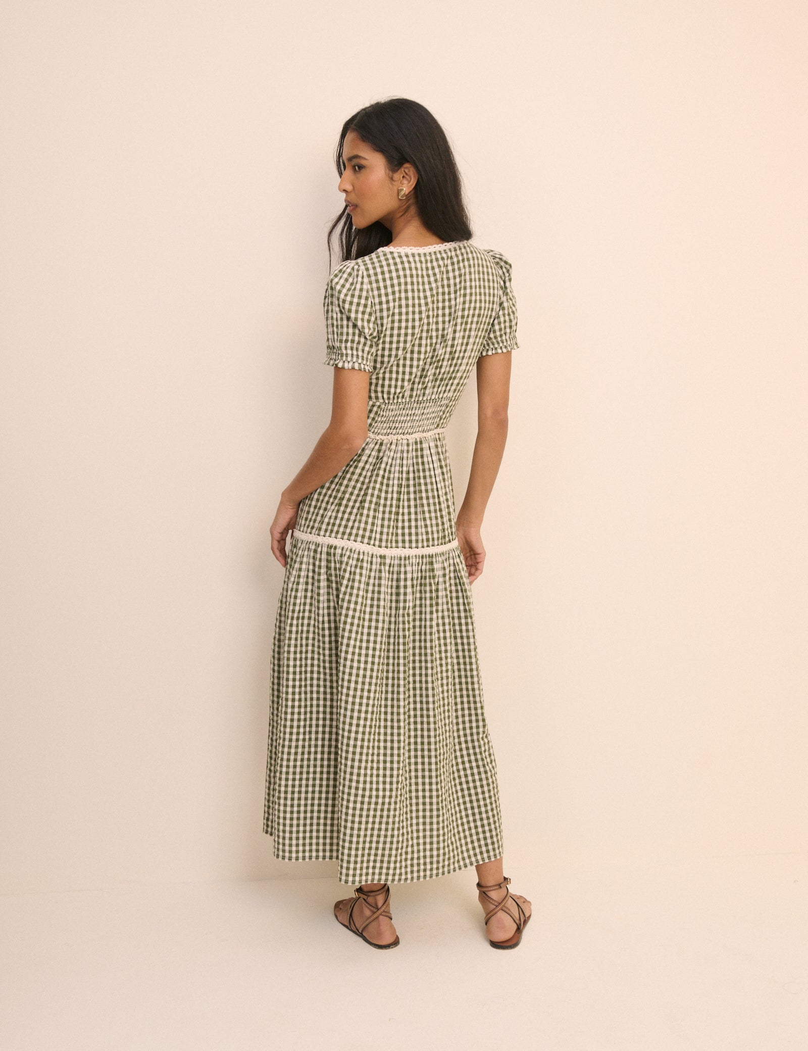 Green Gingham Lace Trim Dara Midi Dress
