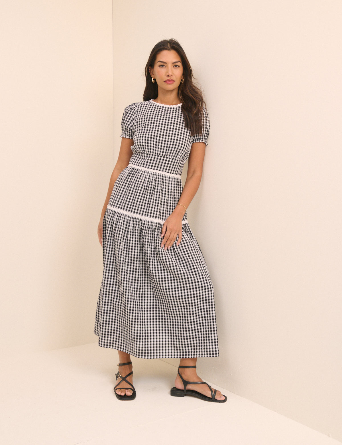 Black Gingham Tiered Dara Midi Dress