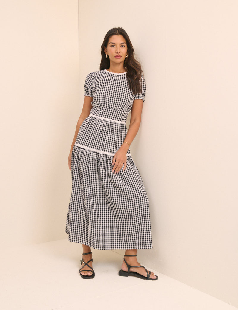 Black Gingham Tiered Dara Midi Dress