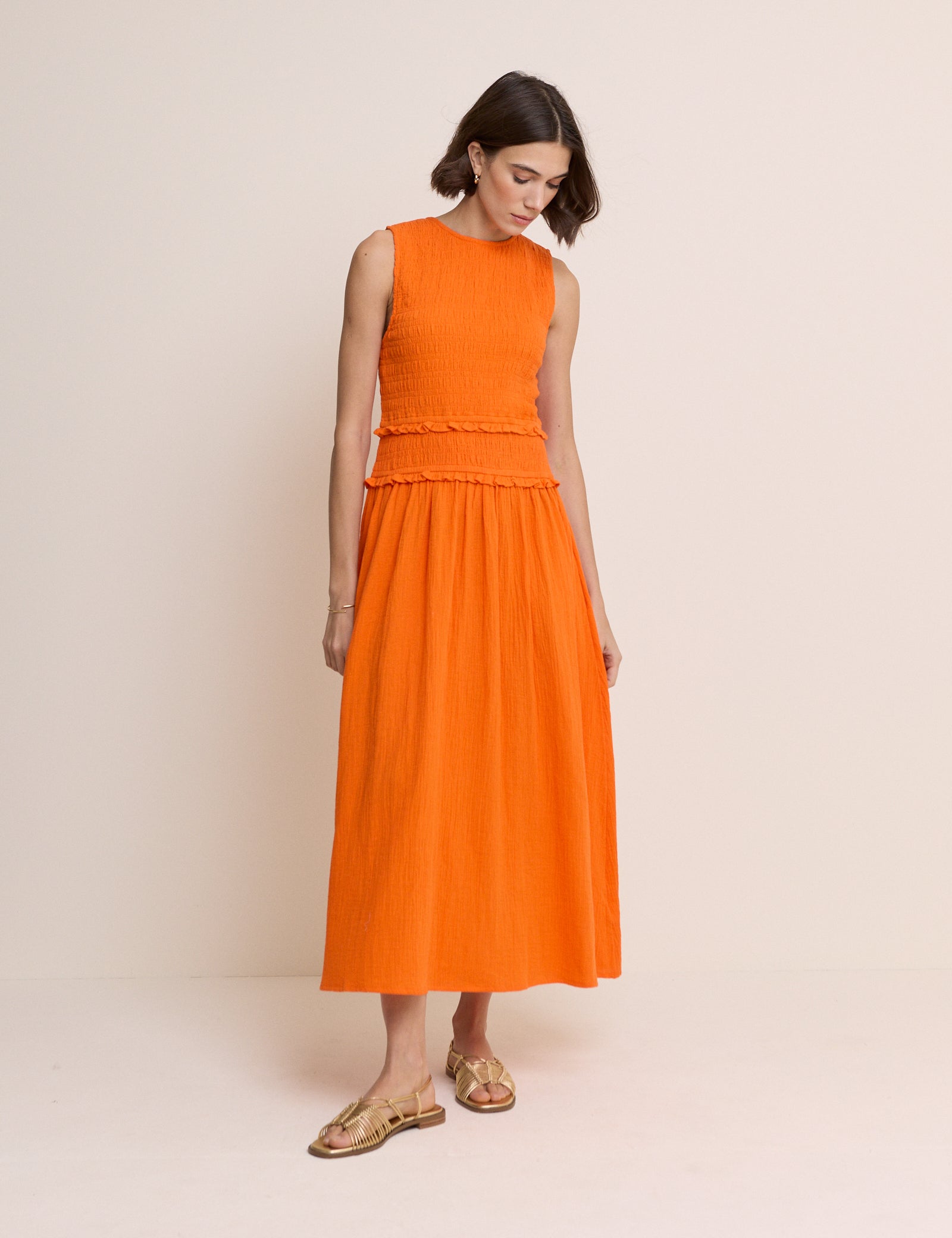 Orange Tiered Ingrid Midi Dress