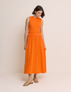 Orange Shirred Bodice Ingrid Midi Dress