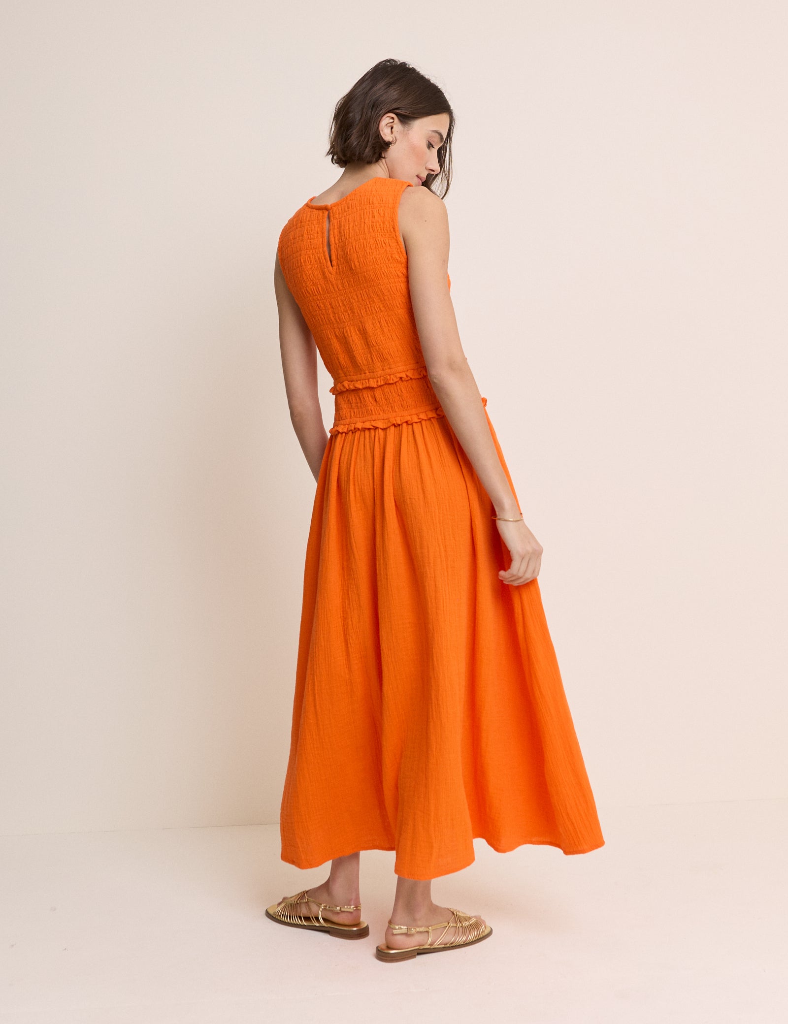 Orange Shirred Bodice Ingrid Midi Dress Orange Shirred Bodice Ingrid Midi Dress