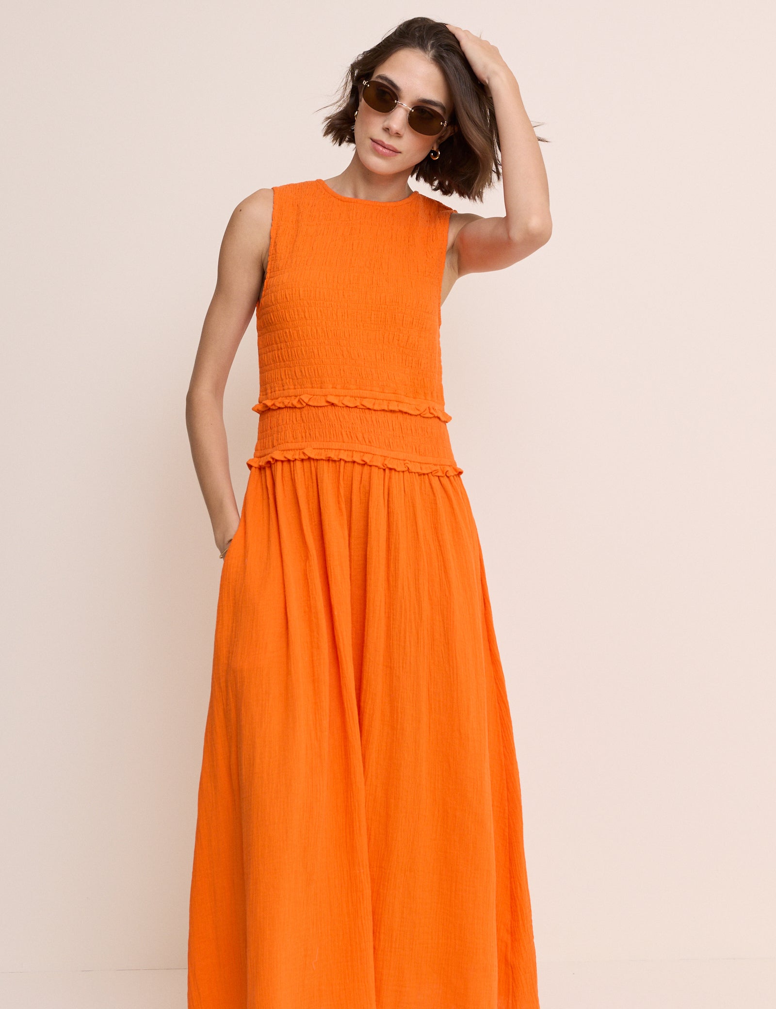 Orange Shirred Bodice Ingrid Midi Dress Orange Shirred Bodice Ingrid Midi Dress