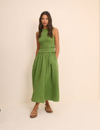 Green Shirred Bodice Ingrid Midi Dress
