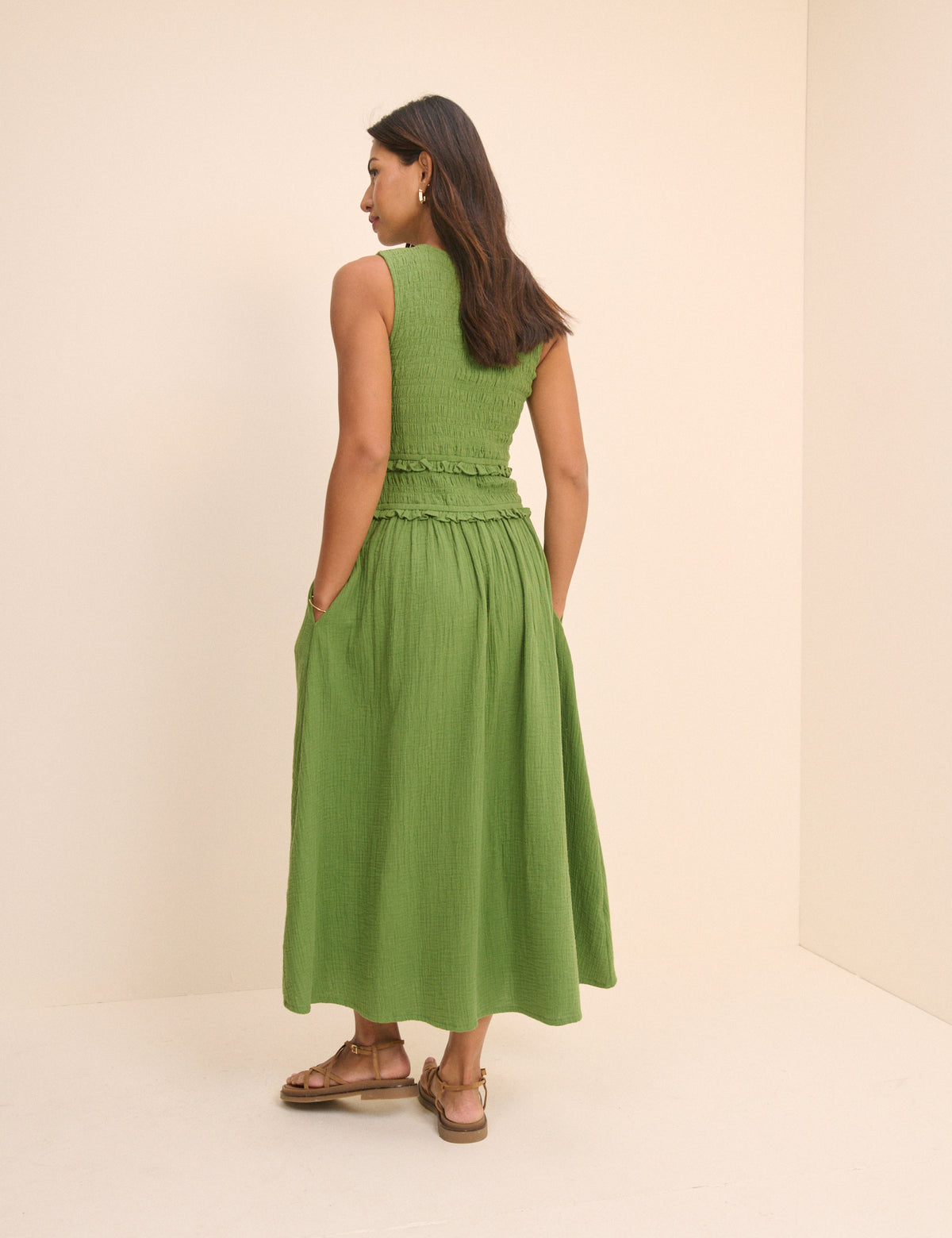 Green Shirred Bodice Ingrid Midi Dress
