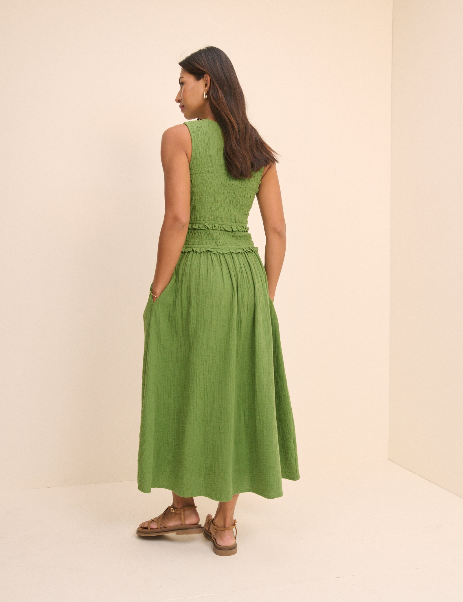 Green Shirred Bodice Ingrid Midi Dress