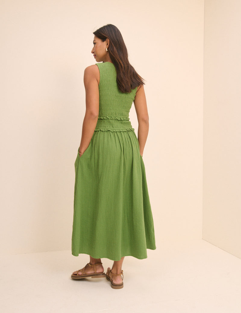 Green Shirred Bodice Ingrid Midi Dress