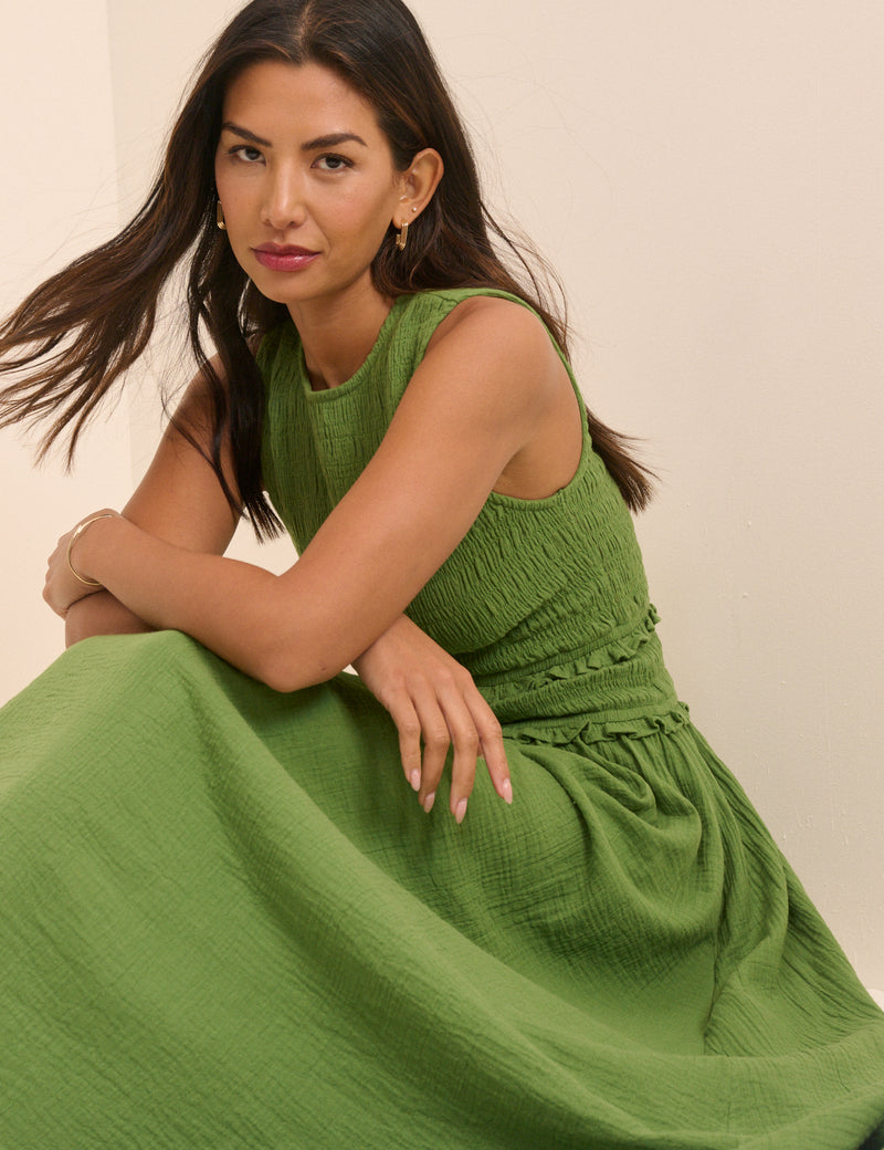 Green Shirred Bodice Ingrid Midi Dress