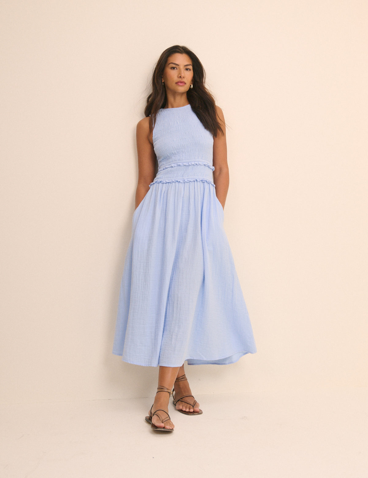 Baby Blue Shirred Bodice Ingrid Midi Dress