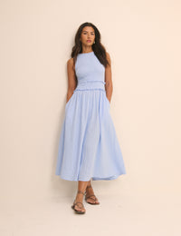 Baby Blue Shirred Bodice Ingrid Midi Dress