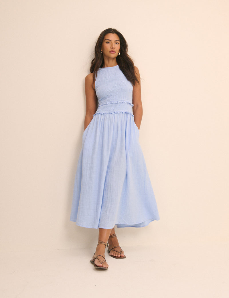 Baby Blue Shirred Bodice Ingrid Midi Dress