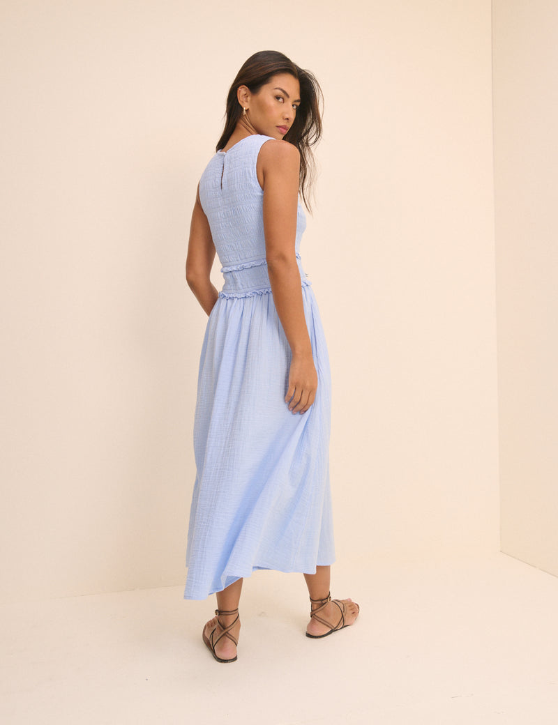 Baby Blue Shirred Bodice Ingrid Midi Dress