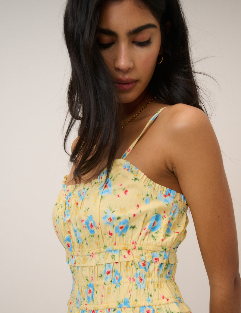 Butter Yellow Floral Shirred Waist Alina Midi Dress