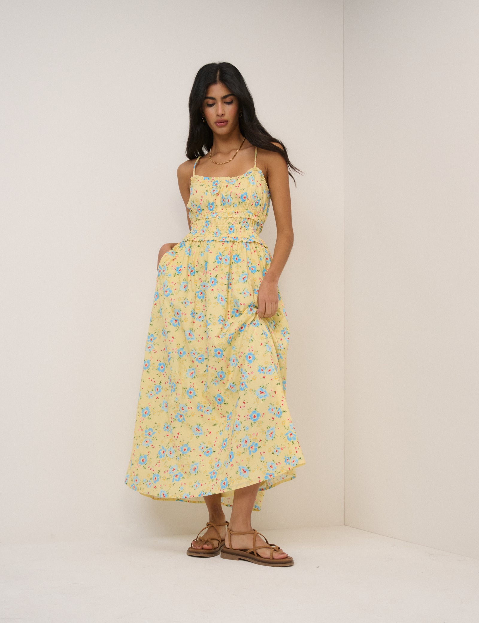 Butter Yellow Floral Shirred Waist Alina Midi Dress Butter Yellow Floral Shirred Waist Alina Midi Dress