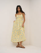 Butter Yellow Floral Shirred Waist Alina Midi Dress