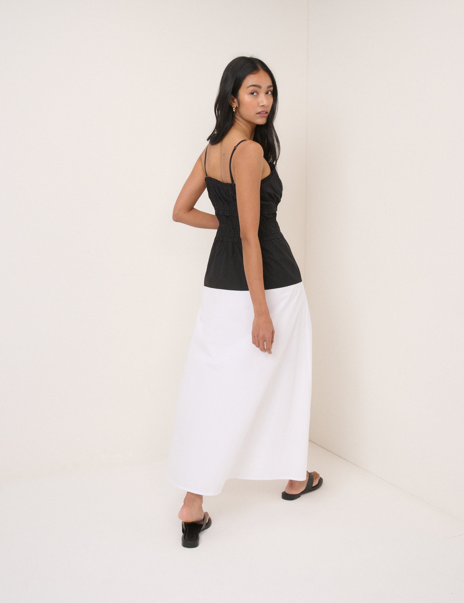Black And White Shirred Waist Alina Midi Dress Black And White Shirred Waist Alina Midi Dress