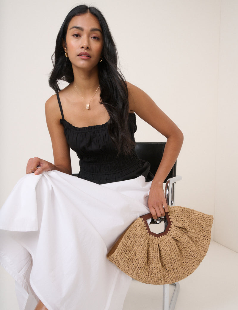 Black And White Shirred Waist Alina Midi Dress