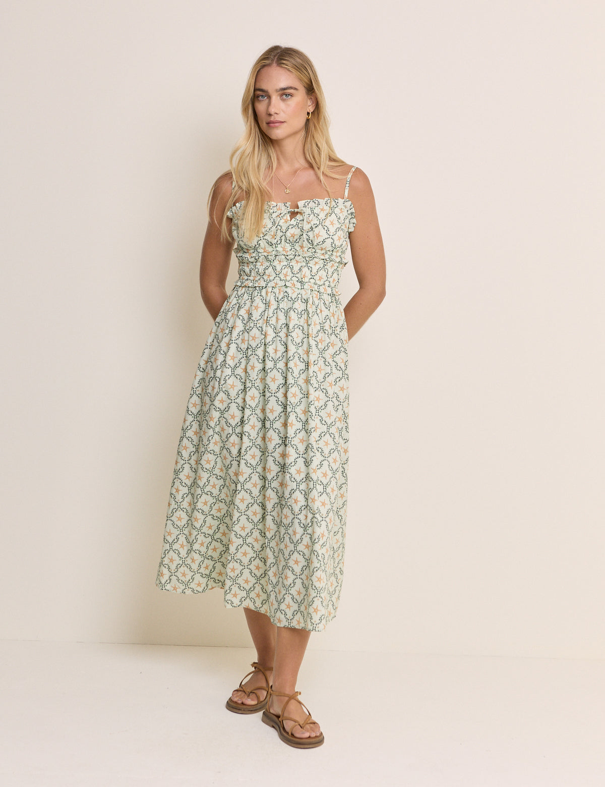 Blue Ocean Printed Shirred Waist Alina Midi Dress