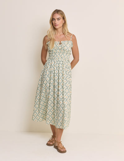 Blue Ocean Printed Shirred Waist Alina Midi Dress