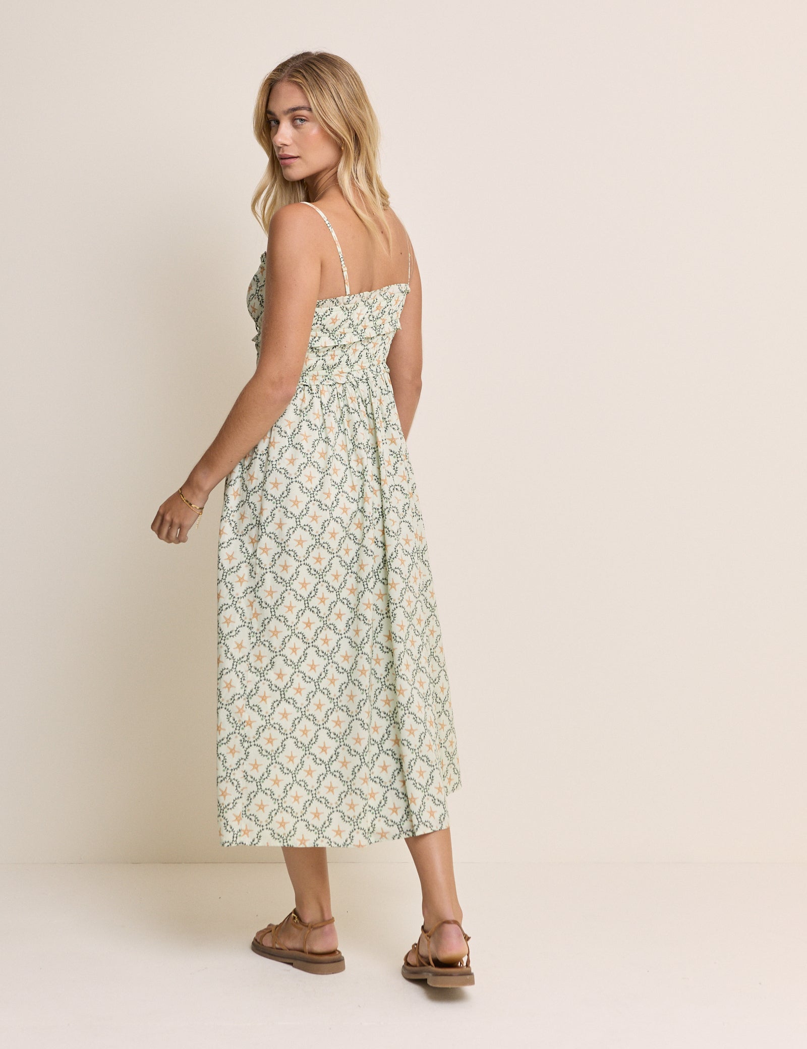Green Ocean Printed Shirred Waist Alina Midi Dress
