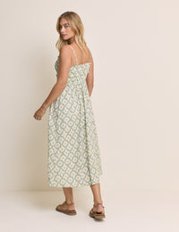 Green Ocean Printed Shirred Waist Alina Midi Dress