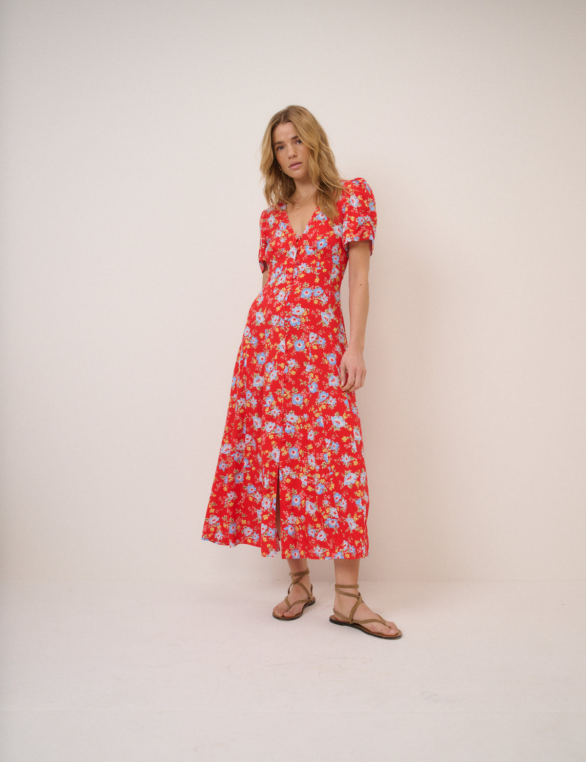 Red Floral Bonnie Midi Dress