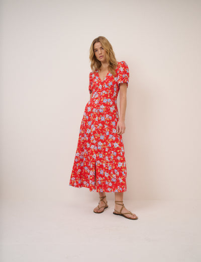 Red Floral Bonnie Midi Dress