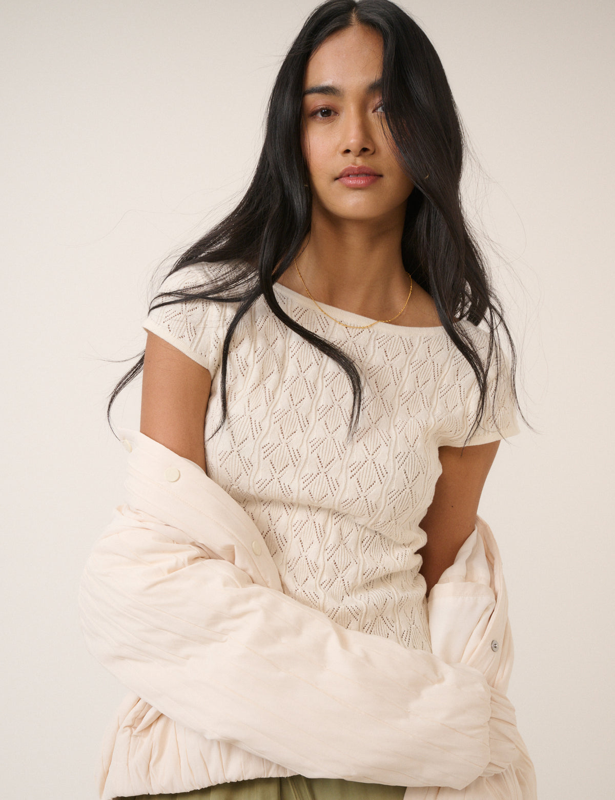 White Pointelle Knitted Tee