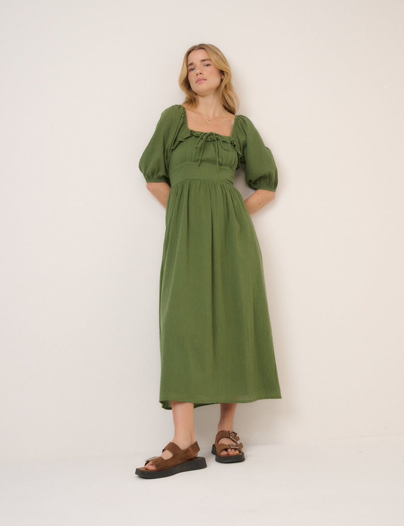 Green Puff Sleeve Annie Midi Dress