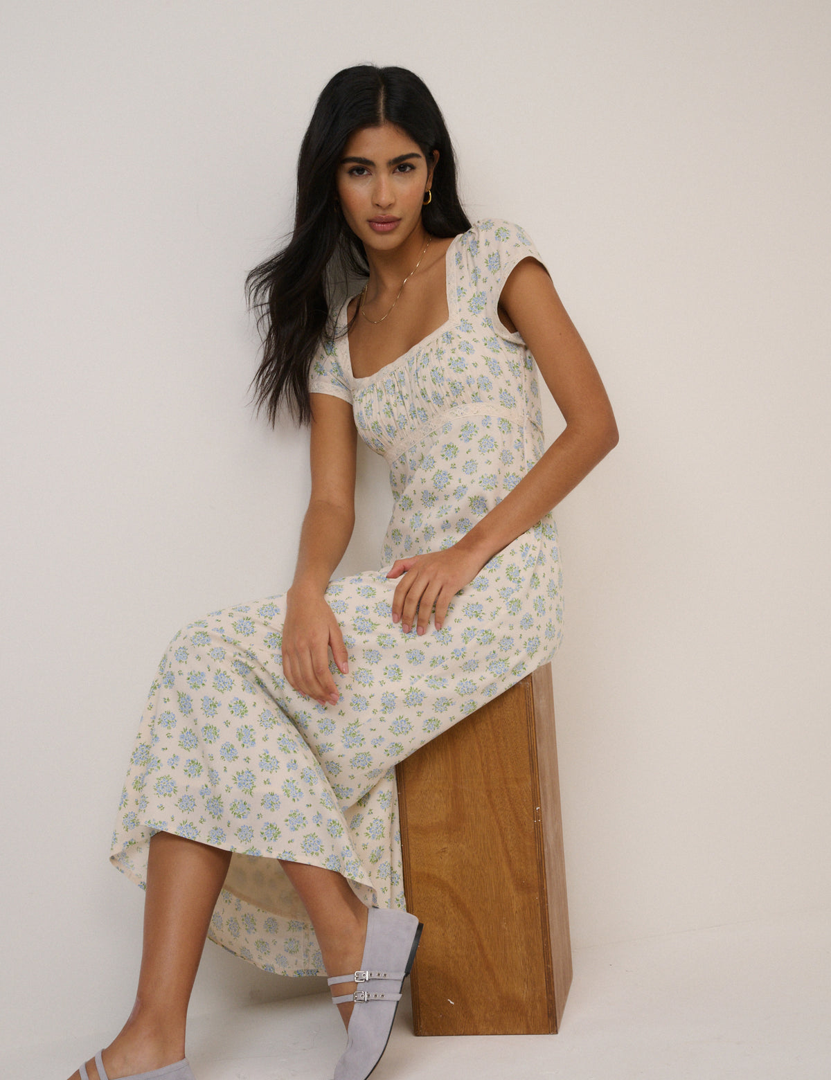 Blue Ditsy Floral Charlotte Midi Dress
