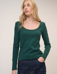Green Scoop Neck Ribbed Jersey Top