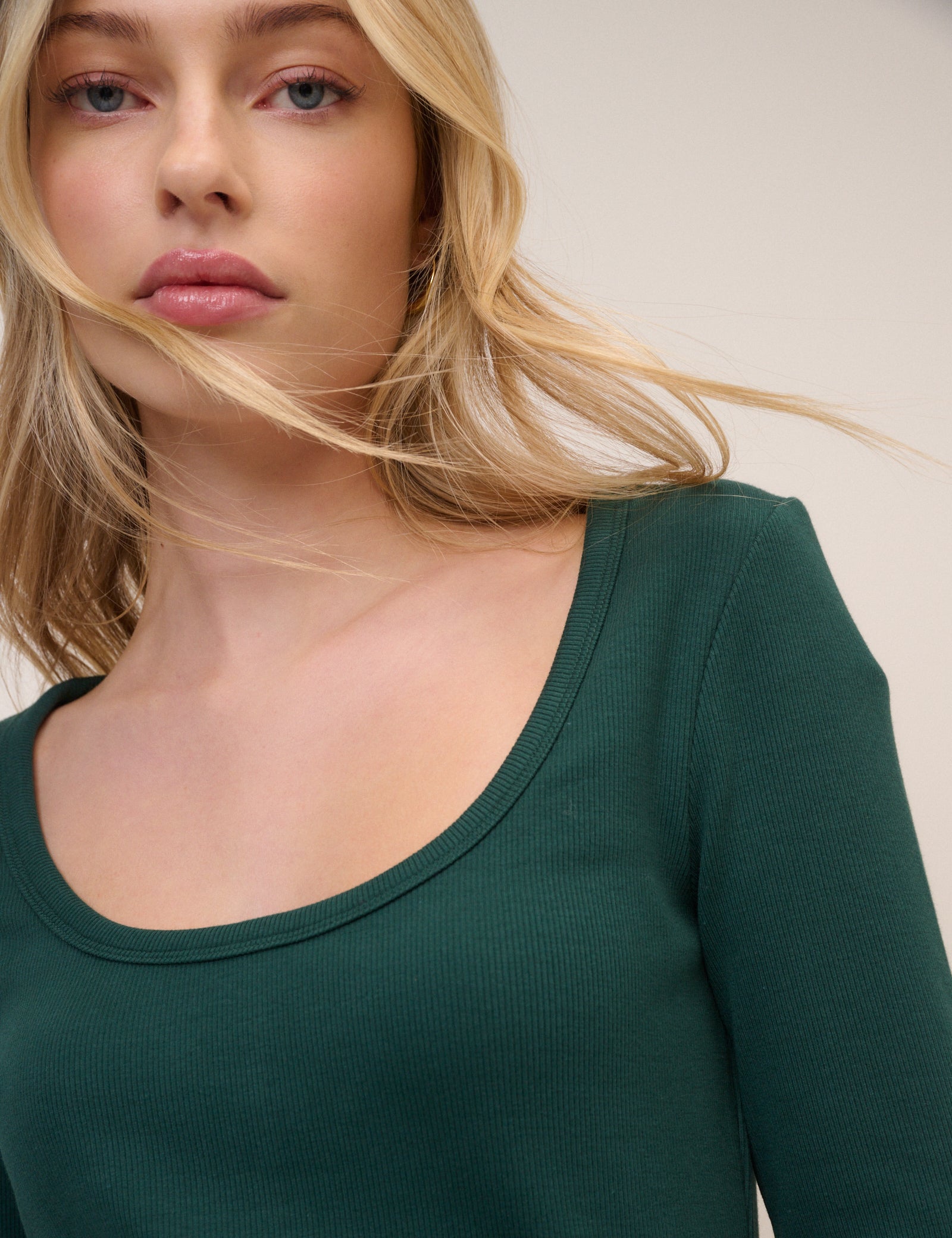 Green Scoop Neck Ribbed Jersey Top