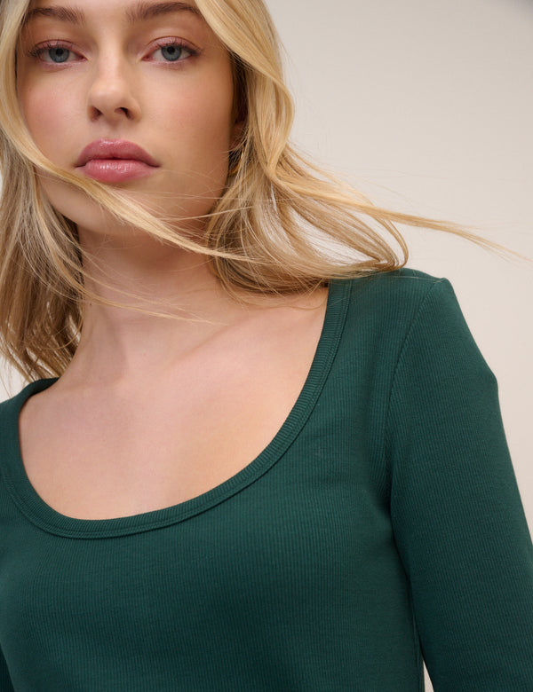 Green Scoop Neck Ribbed Jersey Top