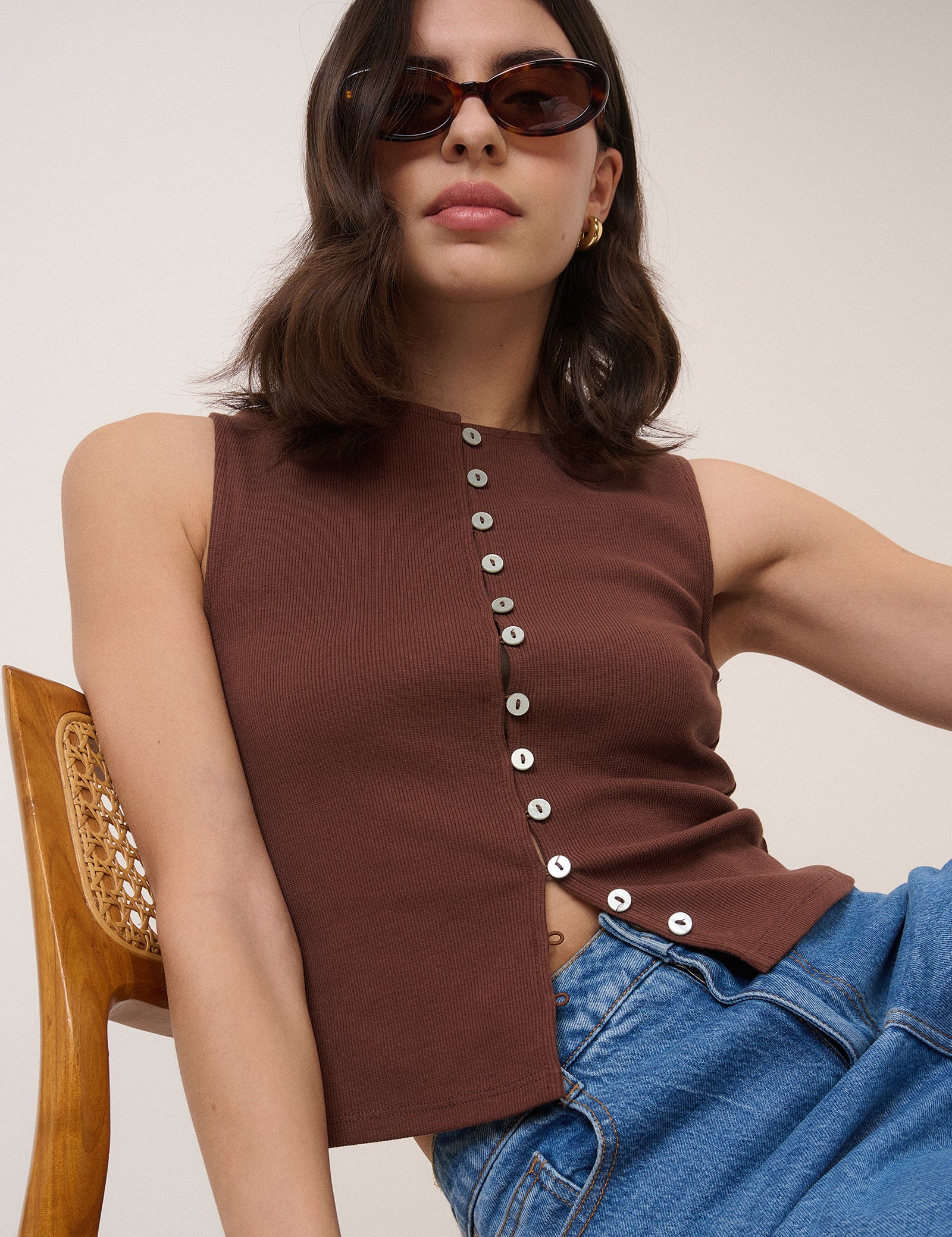 Brown Boat Neck Cropped Waistcoat