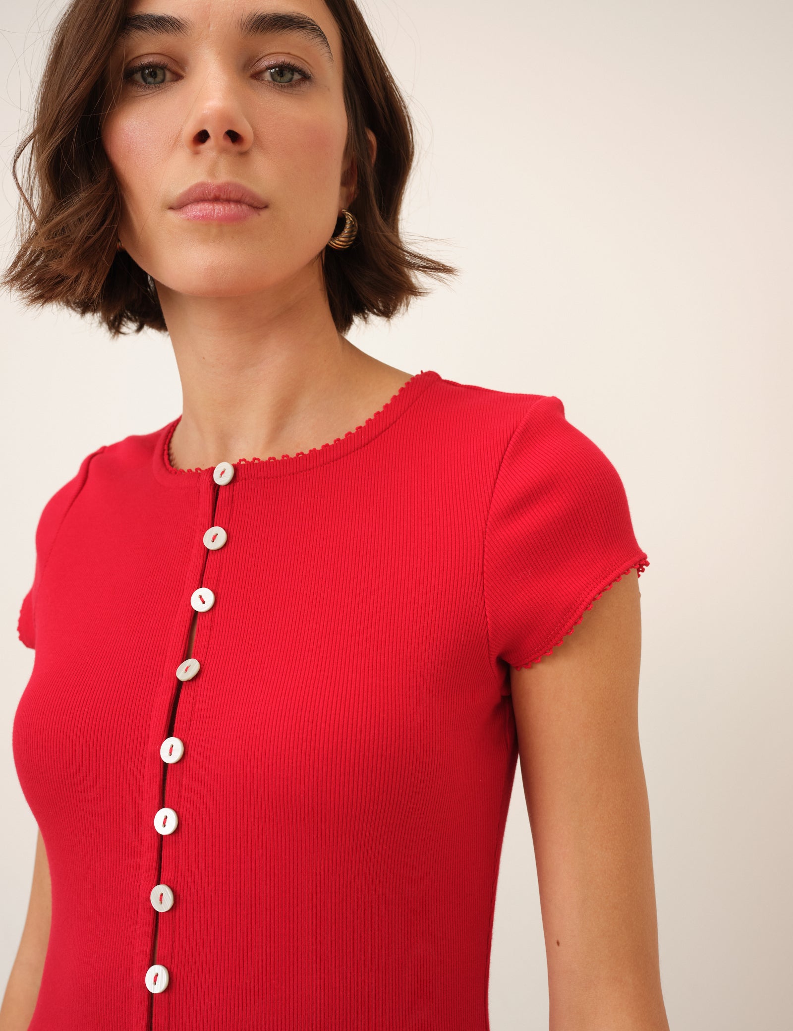 Picot Trim Cap Sleeve Top