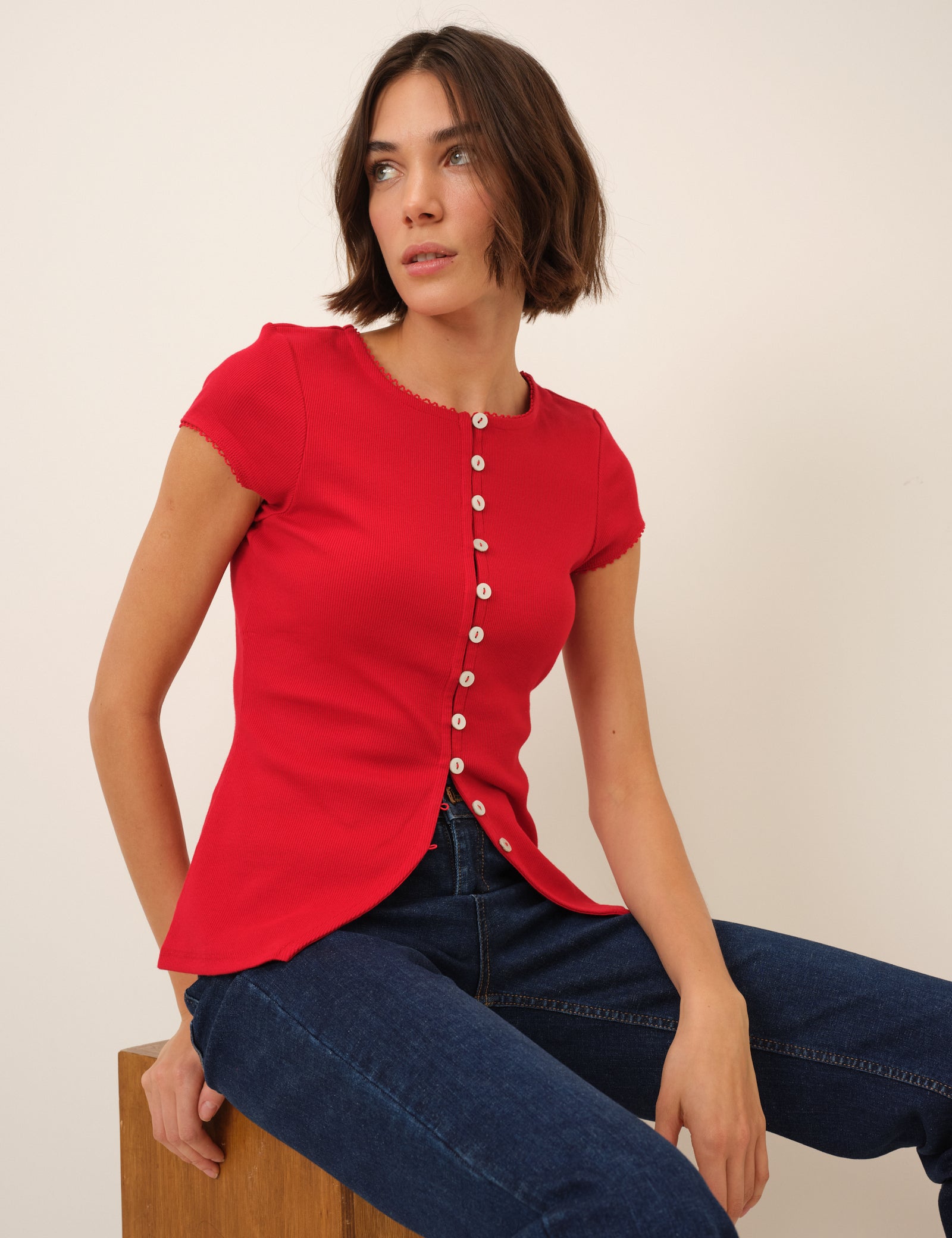Picot Trim Cap Sleeve Top