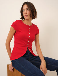 Picot Trim Cap Sleeve Top